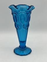 LE Smith Blue Glass Moon &amp; Stars Bud Vase 6 1/2&quot; Tall Trumpet Vase EUC V... - $28.01