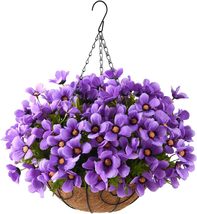INQCMY Artificial Hanging Flowers in Basket for Patio Lawn Garden, Purple - £18.86 GBP