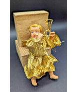 VINTAGE CHRISTMAS Cherub ANGEL GOLD Fabric Gown Playing Horn Hand Painted - £14.34 GBP
