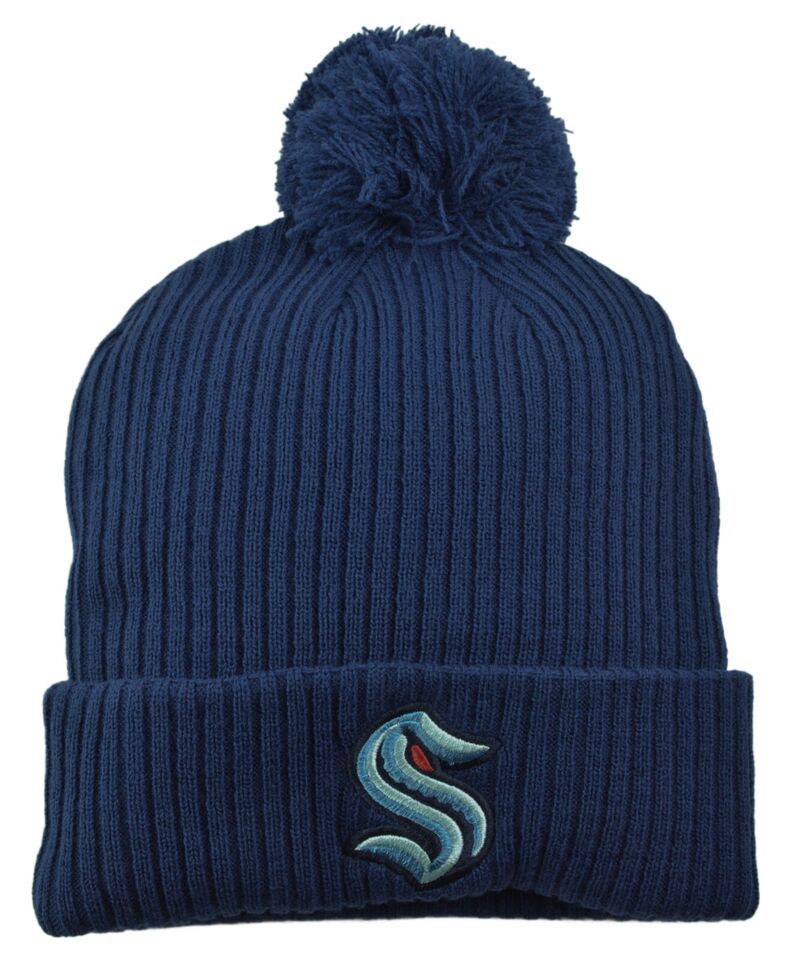 Primary image for Seattle Kraken Deep Sea Blue Primary NHL Logo Ribbed Cuffed Pom Knit Hat