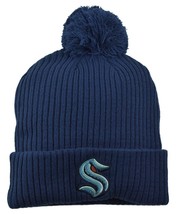 Seattle Kraken Deep Sea Blue Primary NHL Logo Ribbed Cuffed Pom Knit Hat - £15.17 GBP