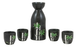 Porcelain Green Bamboo Silhouette Japanese Sake Rice Wine Flask And 4 Cu... - $24.99