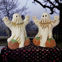 Vintage Ghost Pumpkin Candle Holders Tealight Votive Ceramic Pair Halloween 90s - £19.73 GBP