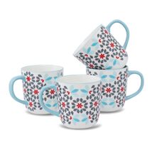 Floral 14oz Coffee Mugs with Blue Handle, Gray and Red Flower Pattern, S... - €39,50 EUR