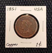 1851 1¢ Braided Hair / Liberty Head Copper Large Cent - £25.41 GBP