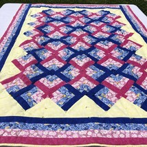 Blue Pink Yellow Flowers Tied Patchwork Quilt 51&quot; x 65&quot; Daisy Flannel Backed - £39.56 GBP