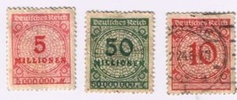 Stamps Germany Deutsches Reich 5, 10 &amp; 50 Millionen Values Used - £2.27 GBP