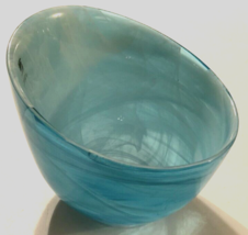 SEA GLASSBRUK Hand Painted Free Blown Blue White Abstract Slanted Bowl Art Glass - £51.76 GBP