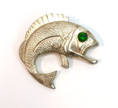 Big Mouth Bass / Trout Fish Brooch Pin Gold Tone Green Rhinestone Eye Hong Kong - £15.66 GBP