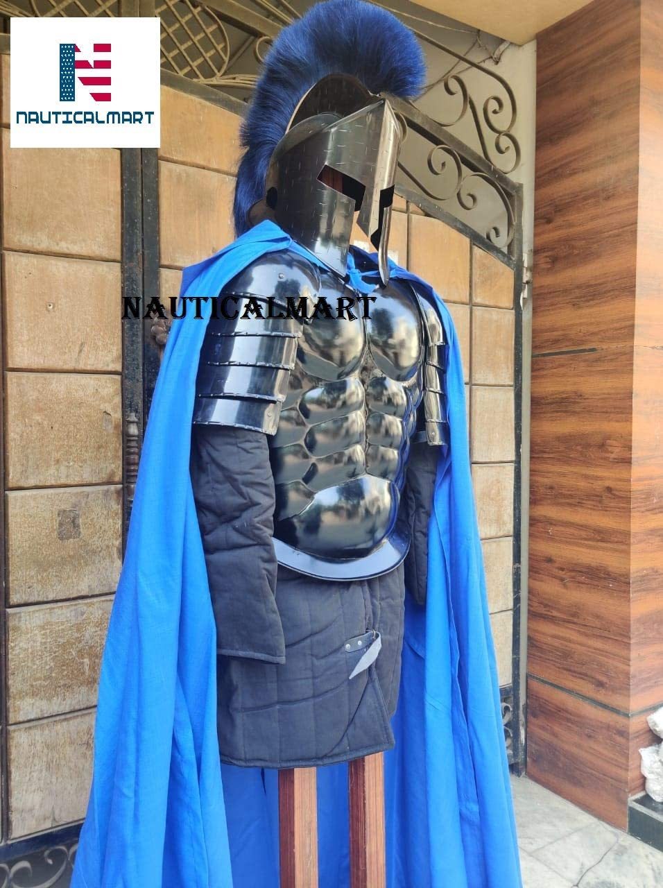 NauticalMart Roman Black Antique Muscle ArmorJacket ShoulderGuard Spartan Helmet