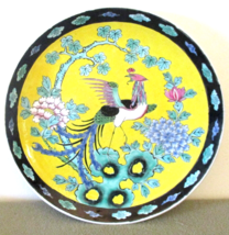 Antique Yellow Black Rim Japanese Enamel Porcelain Dahlias Bird of Paradise  - £155.66 GBP