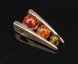 POLAND 925 Silver - Vintage Graduated Three Stone Baltic Amber Pendant -... - $38.65