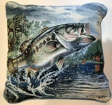 Big Mouth Bass Fish Pillow 16&quot; X 16&quot; Riverdale Tapestry Blue Green Made in USA - $29.95