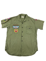 Vintage 70s Boy Scouts BSA Loop Collar Button up shirt Green Sanforized Cotton L - £34.95 GBP