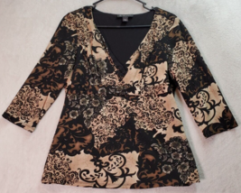 INC International Concepts Blouse Top Women Size Large Brown Black Floral V Neck - £15.05 GBP