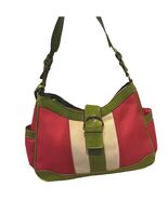 liz claiborne vintage Leather&amp; Polyester Striped Purse Pink Green Beige - $55.87 CAD