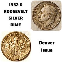 J1 US 1952 D ROOSEVELT Silver Dime - 73 Yr Old DENVER Issue - Auth Scarc... - $5.50