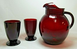 Anchor Hocking Royal Ruby Red Glass 3 Qt Ball Pitcher Ice Lip 2 Footed Glasses   - £39.32 GBP