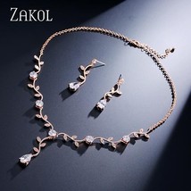 Classic Rose Gold Color Cubic Zirconia Crystal Bridal Jewelry Sets Leaf Shape Ch - £16.58 GBP