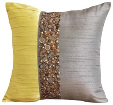 Gray Art Silk 16&quot;x16&quot; Pintucks And Sequins Pillows Cover, Yellow Treasures - £23.41 GBP+