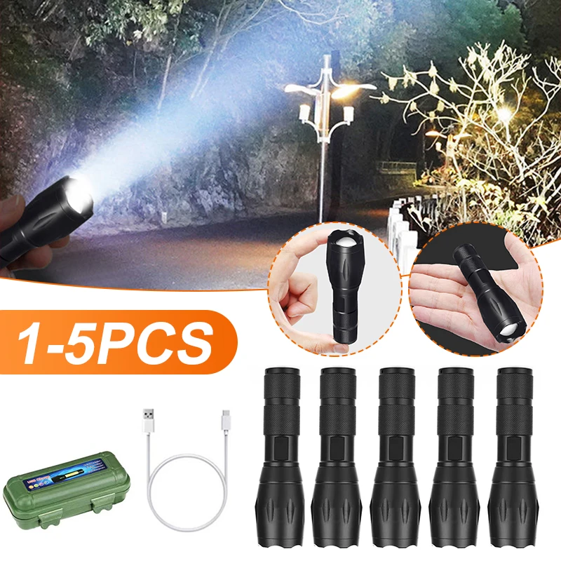 1-5 Pcs Powerful LED Flashlight USB Charge Waterproof Outdoor Camping Hiking - £10.83 GBP+