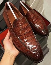New Handmade Men&#39;s Brown Cowhide Crocodile Textured Leather Penny Loafer Shoes - £102.56 GBP+