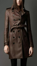 Women&#39;s Long Overcoat Trench Coat Button Belted Genuine Leather Lambskin... - $191.25+