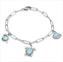 Sterling Silver Natural Larimar Turtle &amp; Dolphin Paperclip Charm Bracelet - £63.99 GBP