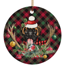 Funny Boxer Smile Dog With Deer Anlters Plaid Pattern Ornament Gift Tree Decor - £12.19 GBP