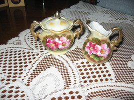 Sugar Bowl with Lid-Creamer-Miniature-Enesco-Floral Pattern-Gold-Japan-1950's - $10.00
