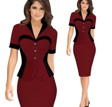 Women&#39;s Work  Dress Business Dresses short sleeve Pencil Casual Office Wear WINE - £28.05 GBP