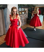 Sweetheart Ball Gown Tea Length Open Back Satin Pockets Homecoming Dresses - $88.00