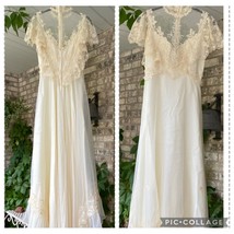 Vintage 80s High Neck Organza Wedding Dress 6 Lace Capelet Cream Beaded Ruffle S - £128.12 GBP