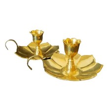 Vintage Pair Solid Brass Chamberstick Candle Holder Candlestick Lotus Flower - £53.18 GBP