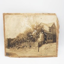 Antique Sepia Photograph Old House on Corner w/ Boy - £19.78 GBP