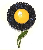 Flower Power Brooch Pin Black Yellow Green 3 Inches Tall Vintage 1960&#39;s - £15.96 GBP