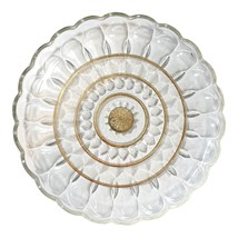 Vtg Pressed Glass Round Plate Serving Hostess Platter Gold Bands Center EUC 10&quot; - £14.63 GBP