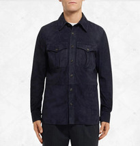 Giacca camicia in pelle blu navy per uomo in pura pelle scamosciata su... - £119.83 GBP