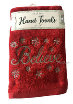 Christmas Embroidered Rhinestone Hand Towels Set of 2 Believe Red Holiday - £28.40 GBP