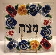 Peggy Karr Matzo Plate Jewish Fused Glass Pansies 10&quot; Square Discontinued Boxed - £58.98 GBP