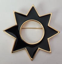 MONET Signed  Brooch Pin Black Enamel Gold Tone Modernistic Sun 2 1/2&quot; V... - £15.14 GBP
