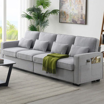 104&quot; 4-Seater Modern Linen Fabric Sofa with Armrest Pockets and 4 Pillows - £435.98 GBP