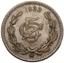 Mexico 5 Centavos, 1933~Excellent~Free Shipping #A149 - $10.08