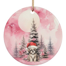 Funny Shih Tzu Puppy Dog Pink Winter Ornament Ceramic Christmas Gift Tree Decor - £11.86 GBP