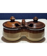  Double Crock Two Tone Brown Condiment Caddy   With Lids Taiwan - $9.90