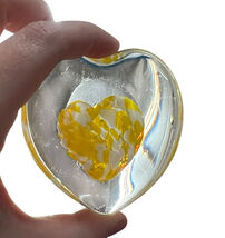 Beautiful Art Glass Heart Shaped Paperweight Yellow White - $21.04