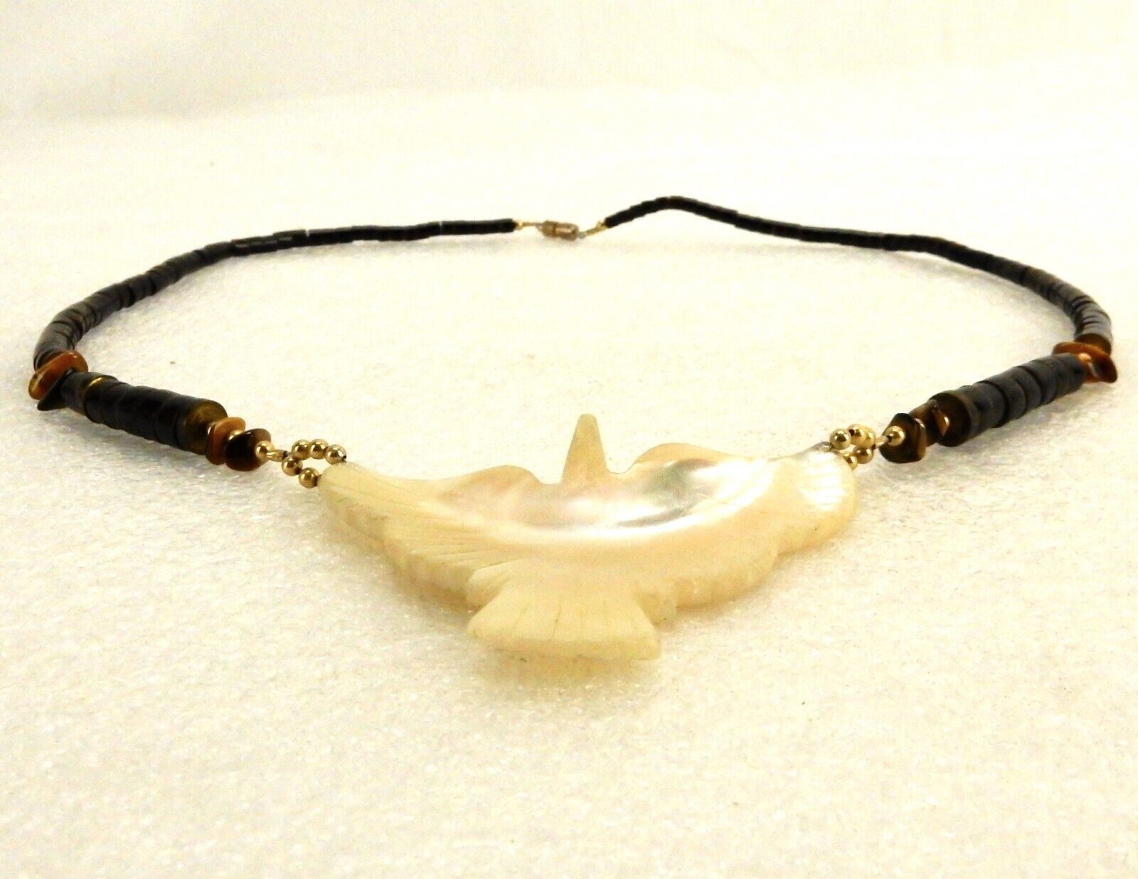 Seashell Bird Pendant Necklace, Black Wood &amp; Tiger Eye Beads, Vintage, #... - $24.45