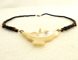 Seashell Bird Pendant Necklace, Black Wood &amp; Tiger Eye Beads, Vintage, #... - £19.18 GBP