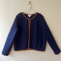 Vineyard Vines Sz XL Blue Quilted Jacket Brown Leather Trimmed Pockets - $22.30