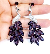 Rhinestone Chandelier Earrings, Purple Peacock Earrings, Stage or Pageant Jewelr - £28.30 GBP